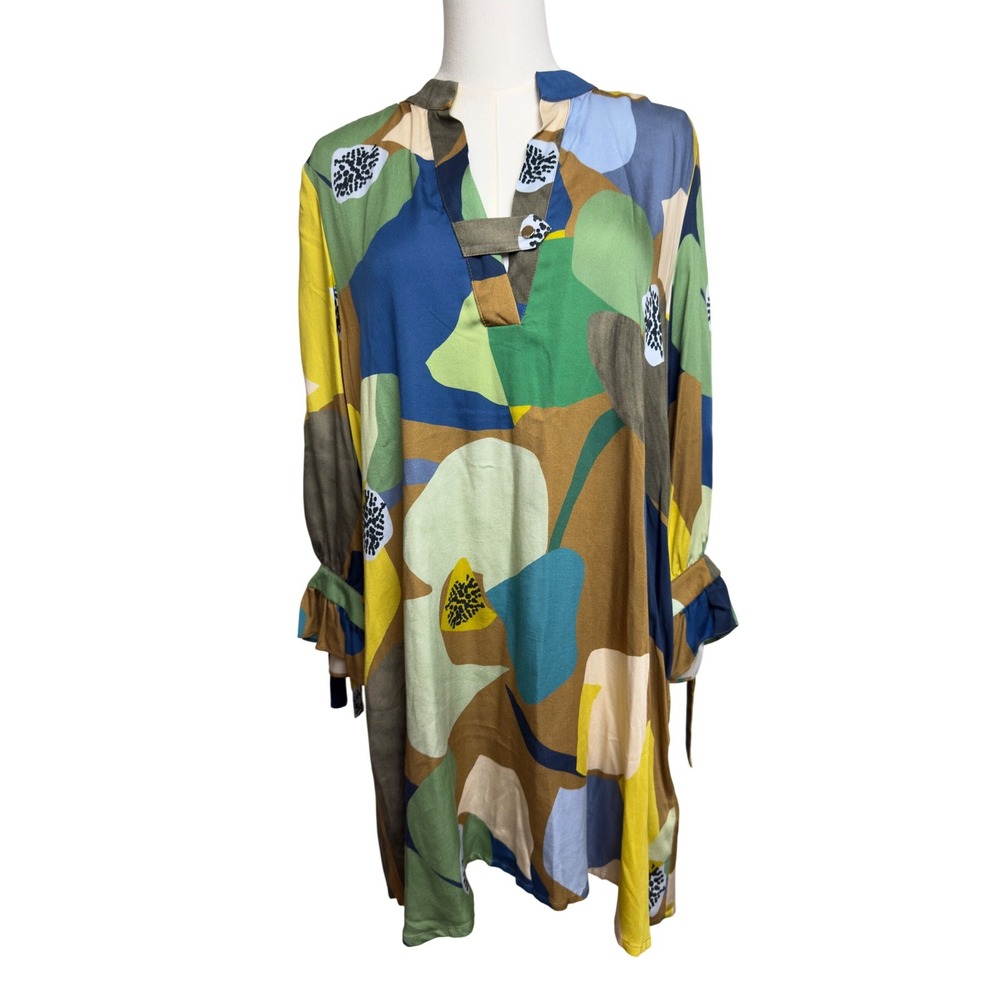 Noen Godske Group Abstract Floral Viscose Shift Dress Blue Green Yellow US 8